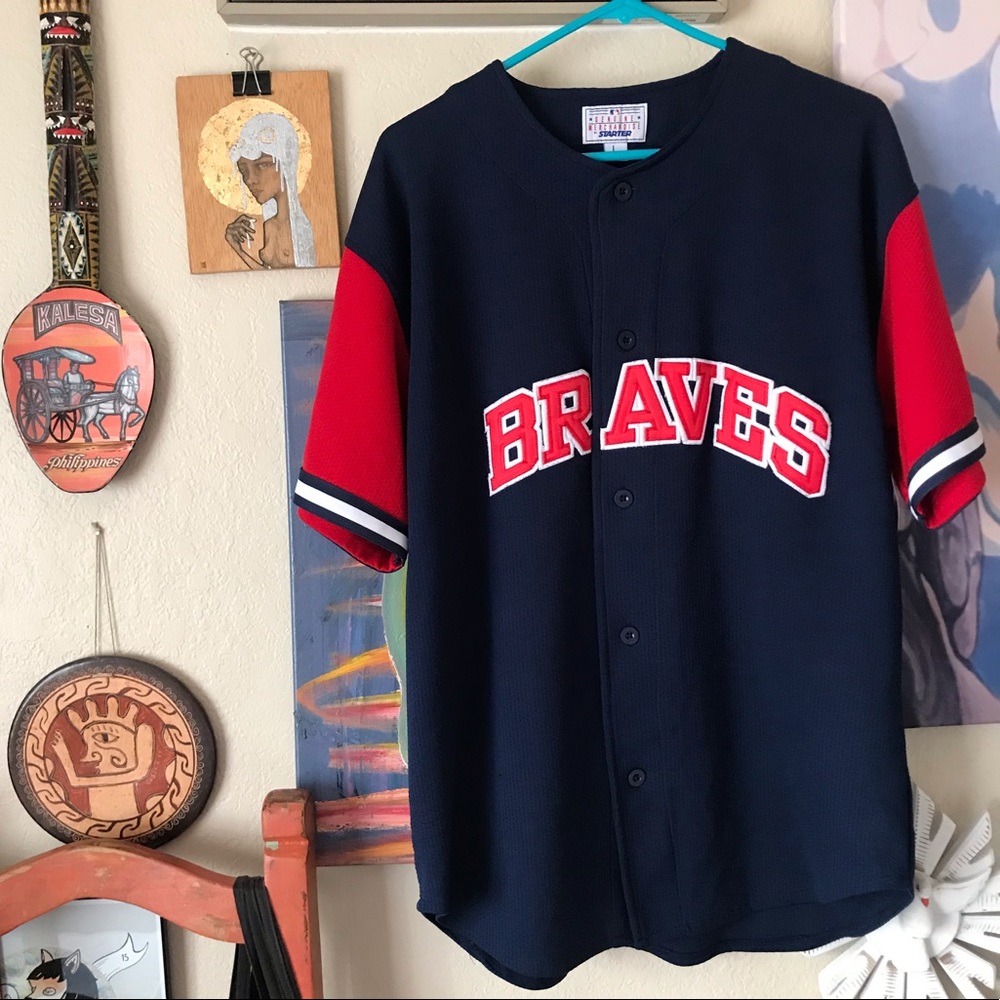 STARTER VINTAGE 90s ATLANTA BRAVES BASEBALL JERSEY NAVY BLUE RED LOGO SIZE LARGE